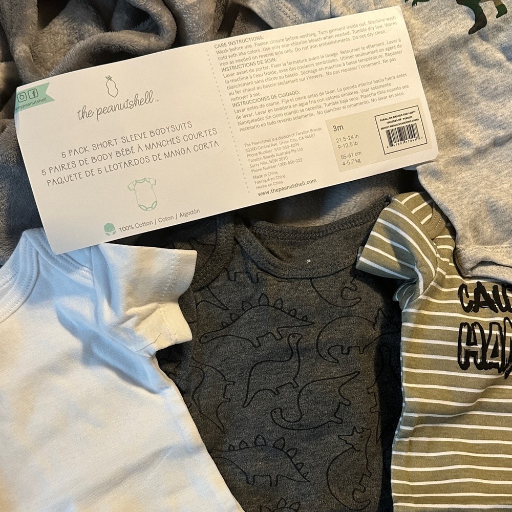 Baby Onesie Lot - Neutral Dino, Camo & Striped Styles, 5 BNWT - Picture 2 of 6